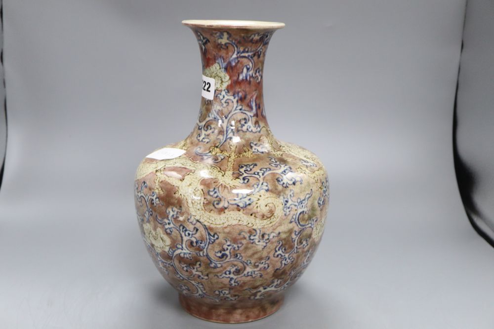 A Chinese underglaze blue and copper red dragon crackleglaze vase, height 31.5cm